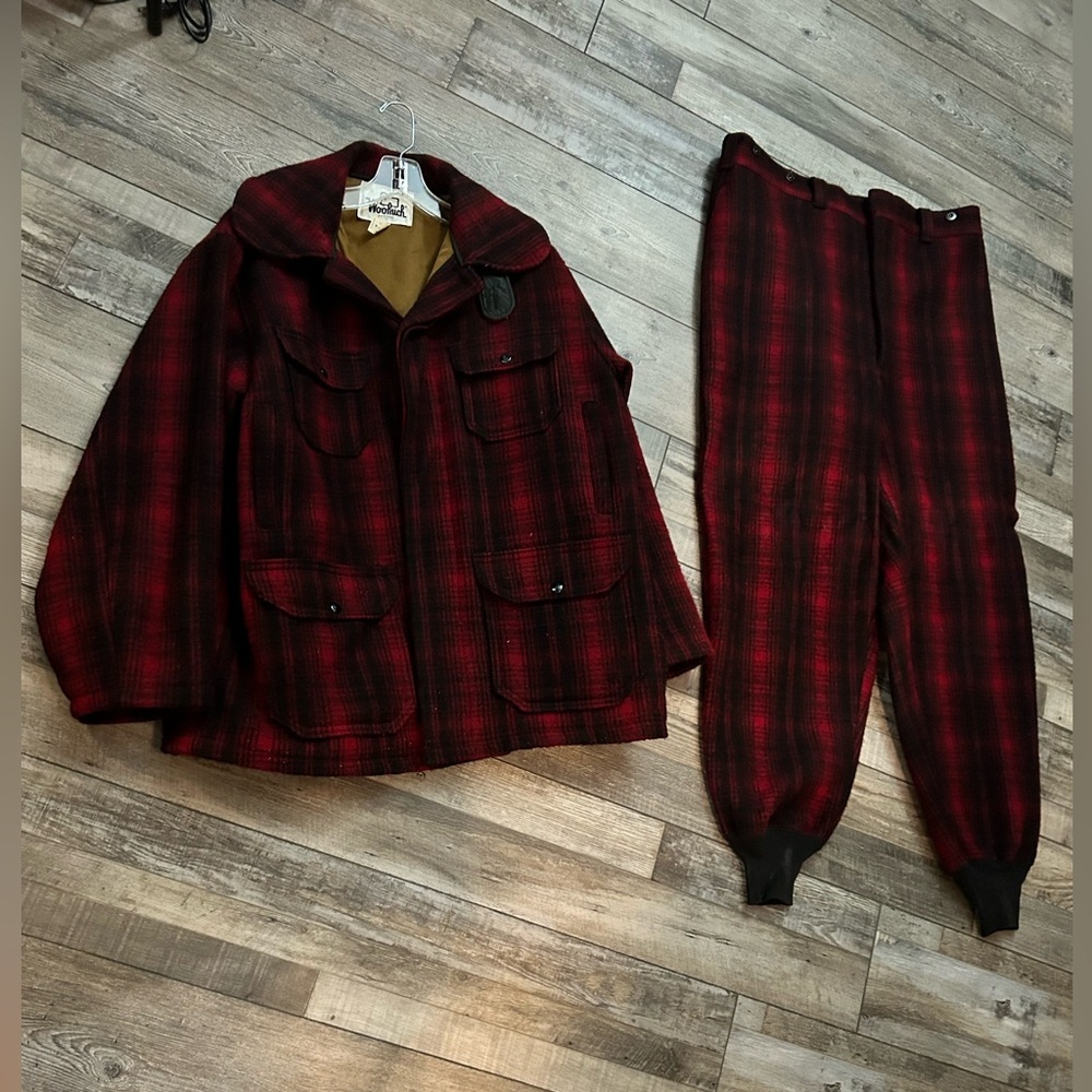 Vintage Woolrich Mackinaw Wool Jacket pants set Buffalo Plaid Hunting black red